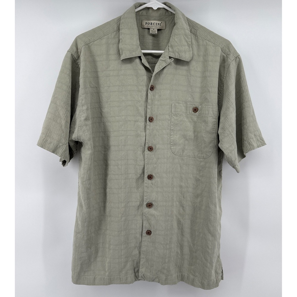 Porcini Mens Medium Silk Shirt Sage Green Textured Windowpane Short Sleeve
